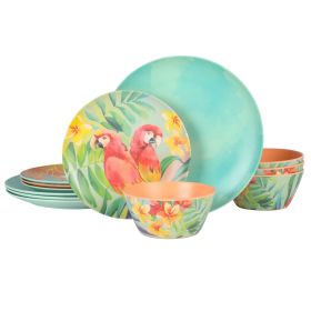 Laurie Gates Tropical Parrots 12 Piece Melamine Di