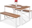 Dining Set Wood Top White Metal Frame Table and 2 Bench Chairs