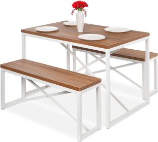 Dining Set Wood Top White Metal Frame Table and 2 Bench Chairs