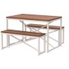 Dining Set Wood Top White Metal Frame Table and 2 Bench Chairs