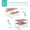 Dining Set Wood Top White Metal Frame Table and 2 Bench Chairs