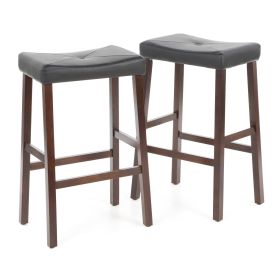Set of 2 Upholstered Faux Leather Saddle Seat Barstools in Mahogany