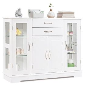 White Wood Buffet Sideboard Cabinet with Glass Dis