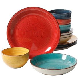 12-Piece Stoneware Dinnerware Set in Red Blue Gree