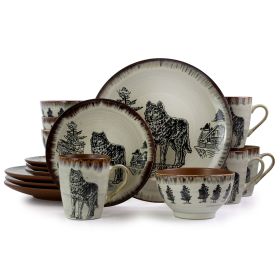 Elama Majestic Wolf 16 Piece Luxurious Stoneware D