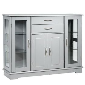 Grey Wood Buffet Sideboard Cabinet with Glass Disp