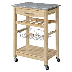 Natural Wood Finish Kitchen Island Cart with Grani