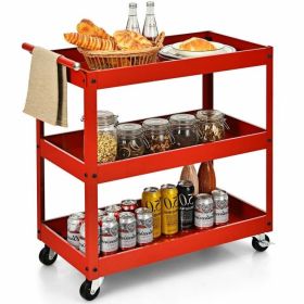 Red Steel Frame Cart on Wheels w/2 Bottom Shelves