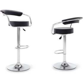Set of 2 Modern Bar Stools w/Black Faux Leather Round Seat w/Footrest