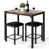 Dining Set Brown Faux Marble Table Top & 2 Black Chairs/Stools