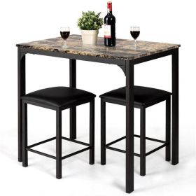 Dining Set Brown Faux Marble Table Top & 2 Black Chairs/Stools
