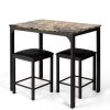Dining Set Brown Faux Marble Table Top & 2 Black Chairs/Stools