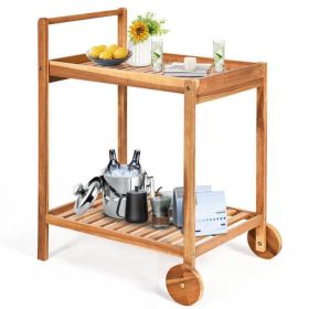 Solid Wood Rolling Serving Cart w/Bottom Shelf