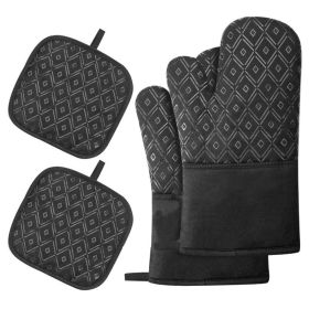 Silicone & Cotton Double-Layer Oven Mitts & BBQ Gloves (Color: Black 1)