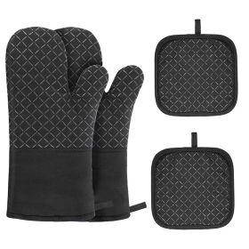 Silicone & Cotton Double-Layer Oven Mitts & BBQ Gloves (Color: Black 2)