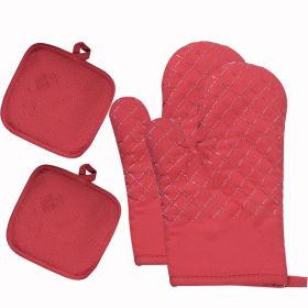 Silicone & Cotton Double-Layer Oven Mitts & BBQ Gloves (Color: Red)